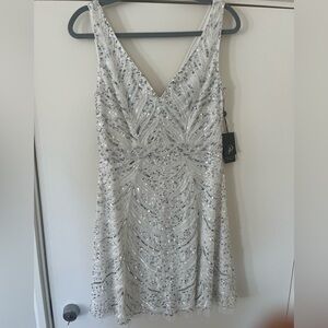 Elegant Silver and White Beaded Sheath Dress